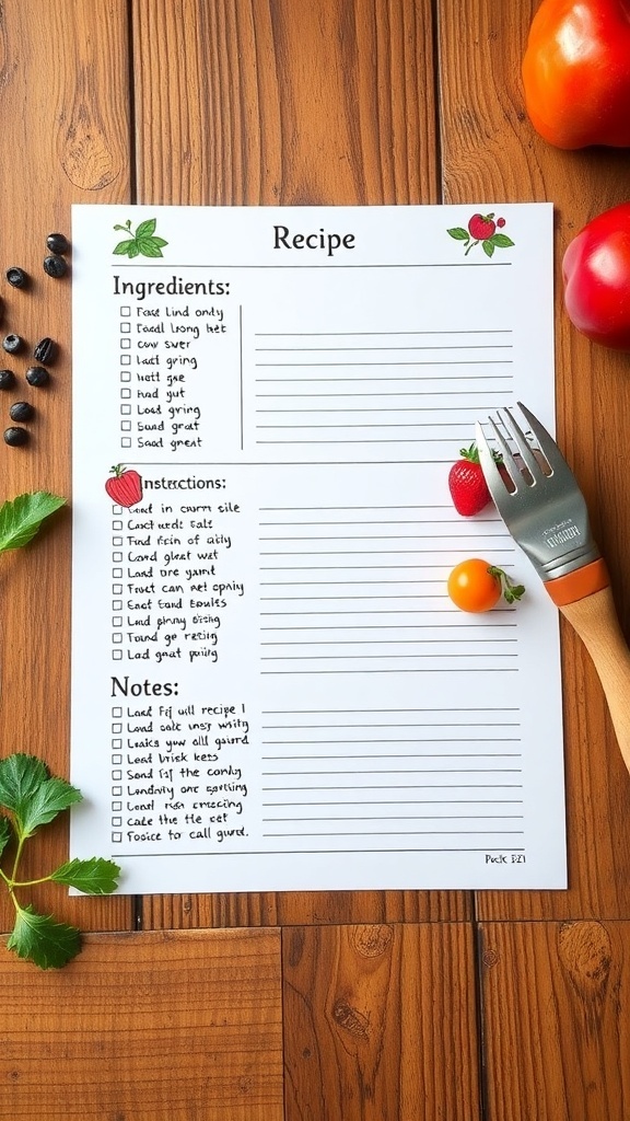 Printable recipe template with sections for ingredients and instructions on a kitchen table.